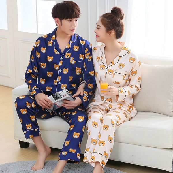 

fashion- couple pyjamas women full sleeve silk satin pajama sets cartoon bear couple pajamas for women sleepwear sets pijama, Black;brown