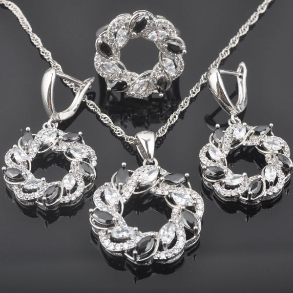 

flawless women's silver color jewelry sets white & black zirconia ring necklace and earrings set qz0377