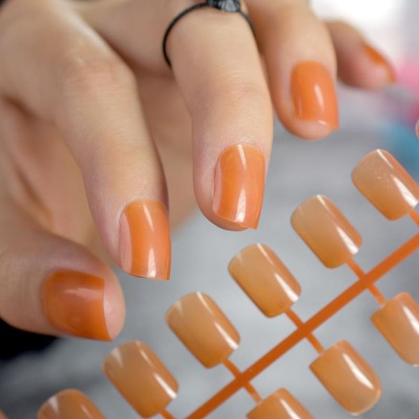 

clear deep orange fake nails flat acrylic false nail tips short diy nail art manicure product 24pcs, Red;gold