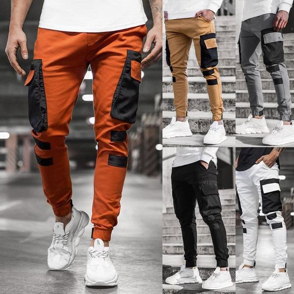 

men autumn winter pocket patchwork jogger trousers long cargo pants streetwear sport pants, Black