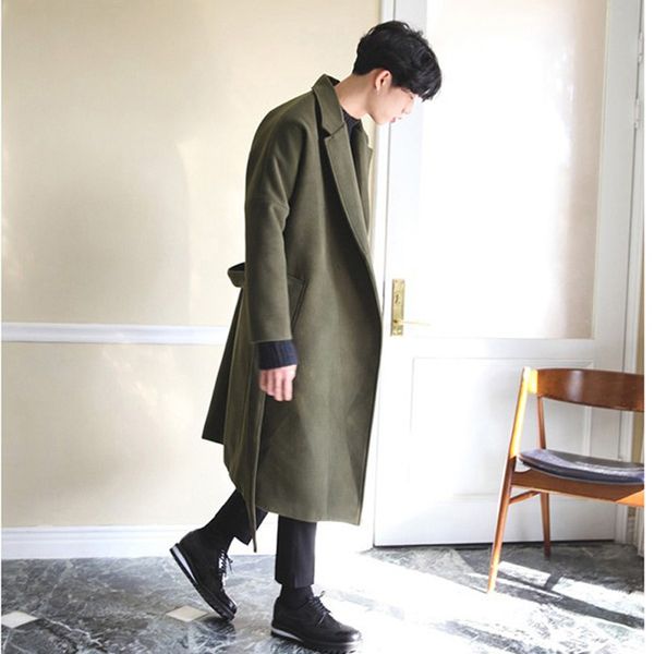 

autumn men's long thick warm wool coat fashion japanese windbreaker tide loose coat plus size 4xl, Black