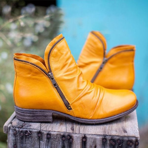 

women boots 2020 leather ankle boots flat shoes autumn winter snow boots platform zipper punk ladies shoes botas mujer, Black