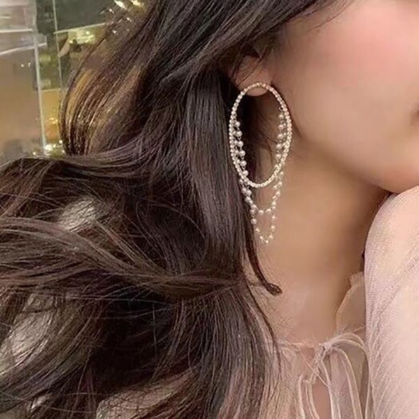 

mengjiqiao 2020 exaggerate full shiny rhinestone oval circle drop earrings for women simulated pearls tassel elegant pendientes, Silver