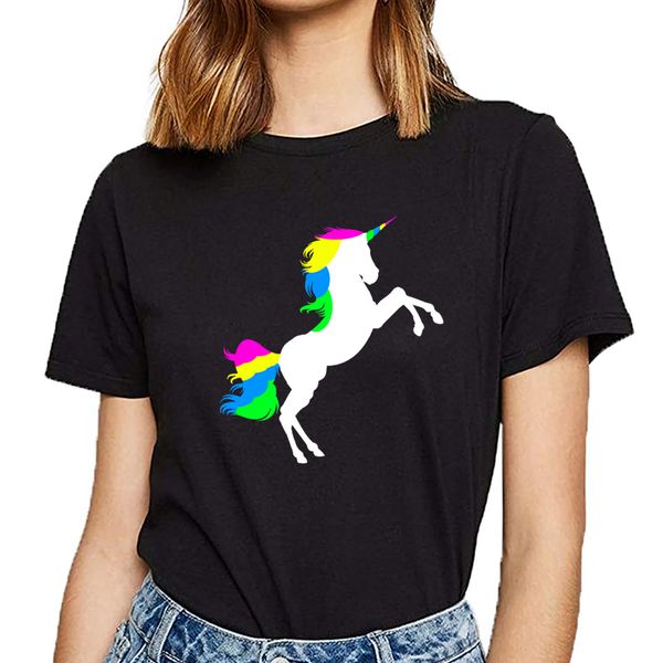 

t shirt women rainbow unicorn basic black cotton female tshirt