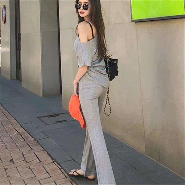 

new female fitness women two pieces sets summer short sleeve cotton casual t shirt wide legged pants high waist suits, Gray