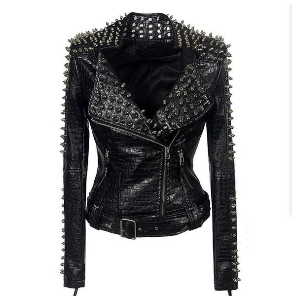 

women's leather & faux embossed pu street slim-fit stylish punk rock motorcycle wear drill snakeskin biker coat a00003, Black