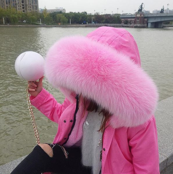

2020 classic pink fox fur trim maomaokong brand pink rabbit fur lining mini pink parka snow women jacket, Black