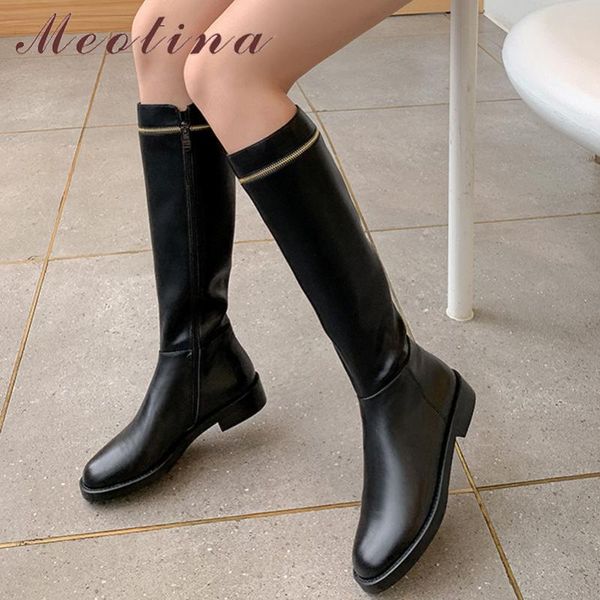 

meotina winter knee high boots women natural genuine leather thick heel tall boots zipper round toe shoes ladies fall size 34-39, Black
