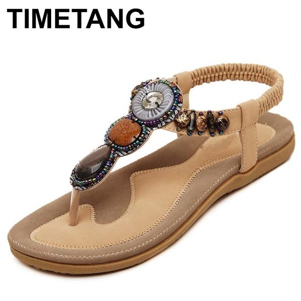 

timetang plus size 35-42 sandals women pu flip flops casual shoes woman beading elastic band sandale femme fashion flats y200620, Black