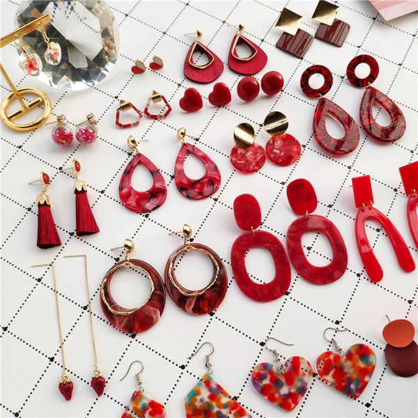 

sweet geometric red acrylic drop earrings for women fashion strawberry cherry heart pendant earrings female gifts jewelry, Silver