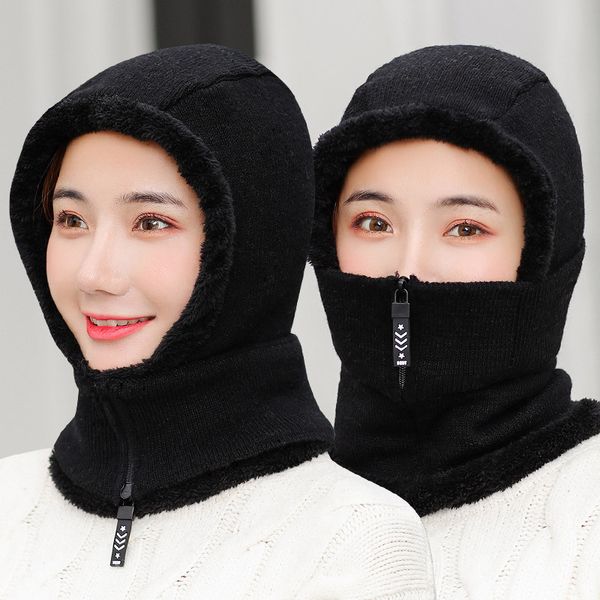 

Hot Women Winter Knitted Hat New Add Fur Lined Warm Winter Hats For Women With Zipper Keep Face And Ear Warmer Balaclava Cap, Blue;gray