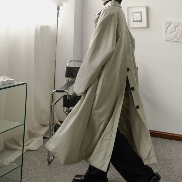 

ewq / men's wear niche design oversize long coat simple casual back buckle windbreaker vintage single breasted trech new 9y3715, Tan;black