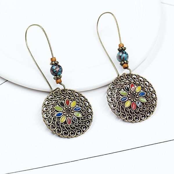 

vintage bronze hollow round pendant hoop earrings for women ethnic bohemia beads flower drop ear cuff & huggie, Golden;silver