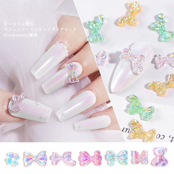 

10шт аврора красочные nail art украшения mix 3d bowknots медведь бабочка daisy flowers designs голографический маникюрные принадлежности, Silver;gold