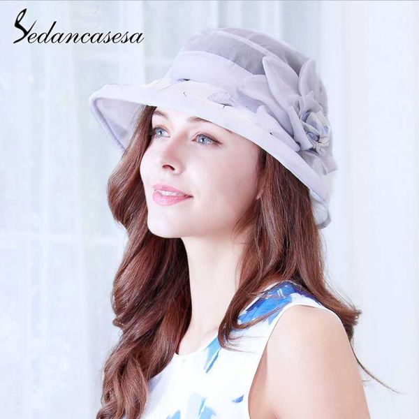 

wide brim hats sedancasesa large visor summer sun for woman handmade flower silk hat female elegant beach girls caps, Blue;gray
