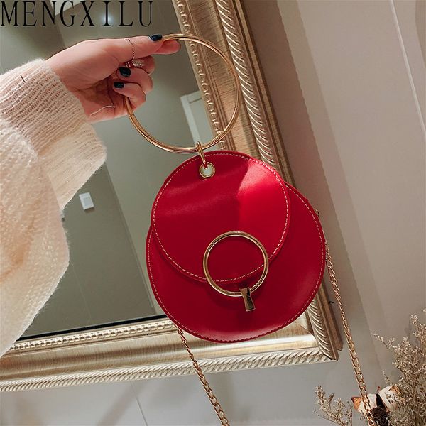 

mengxilu round metal handle ladies hand bags chain shoulder strap messenger bag summer pu leather crossbody bags for women