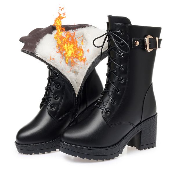 

ankle boots black genuine leather thick wool winter women shoes high heels platform lace up warm fur boots vt1471