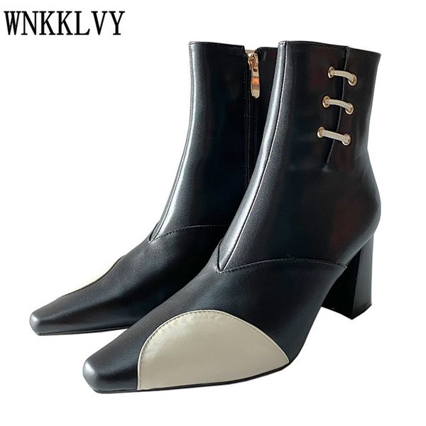 

chunky high heel short boots woman square toe mixed color leather shoes autumn winter retro ankle boots zapatos mujer 2020, Black