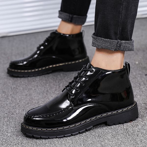 

mens casual business wedding formal dresses patent leather boots gentleman platform shoes spring autumn ankle boot botas hombre, Black