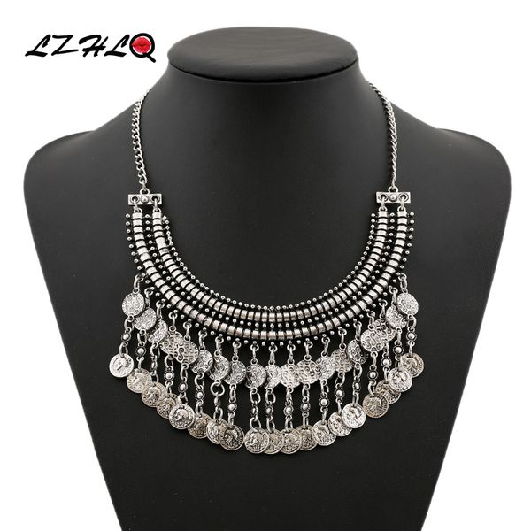 

vintage carved alloy necklace ethnic trendy metal coin tassel necklaces geometric women fashion sweater chains jewelry statement, Silver
