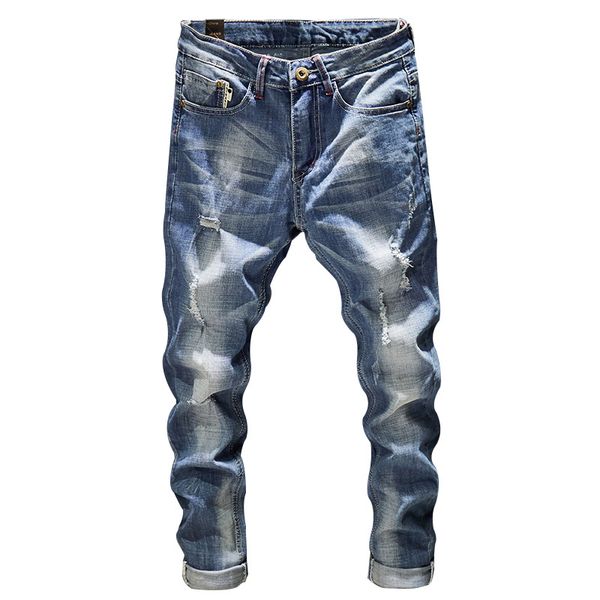 

men's jeans ripped men dark blue stretch slim fit destroyed broken holes denim pants casual biker male hip hop mens punk