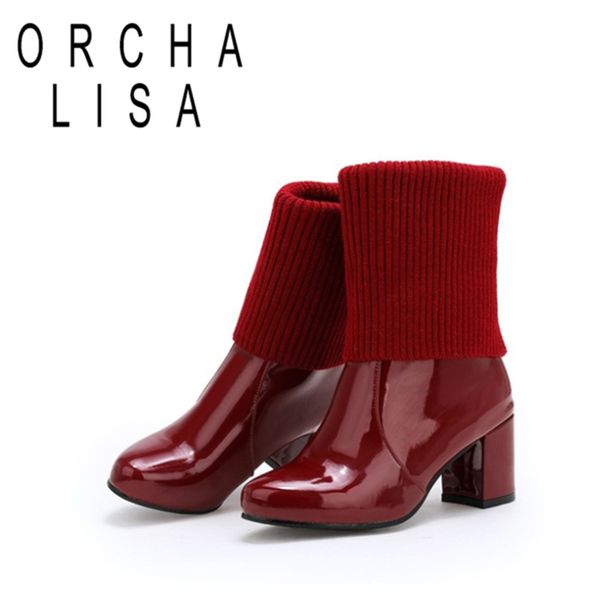 

orcha lisa женщина осень сапоги круглый носок 6cm площади высокие каблуки лакированной кожи напряжения на большой размер 34-48 белый черный, Black