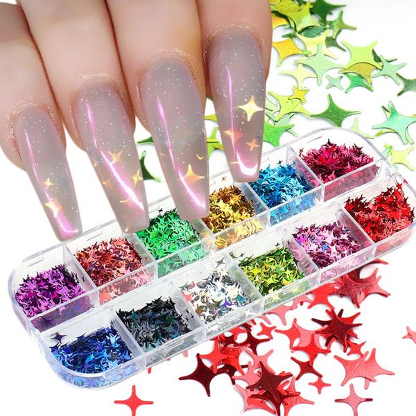 

nail glitter 12 grids laser sequins silver nails triangle star heart round flake holographic powder gradient decoration sa1819, Silver;gold