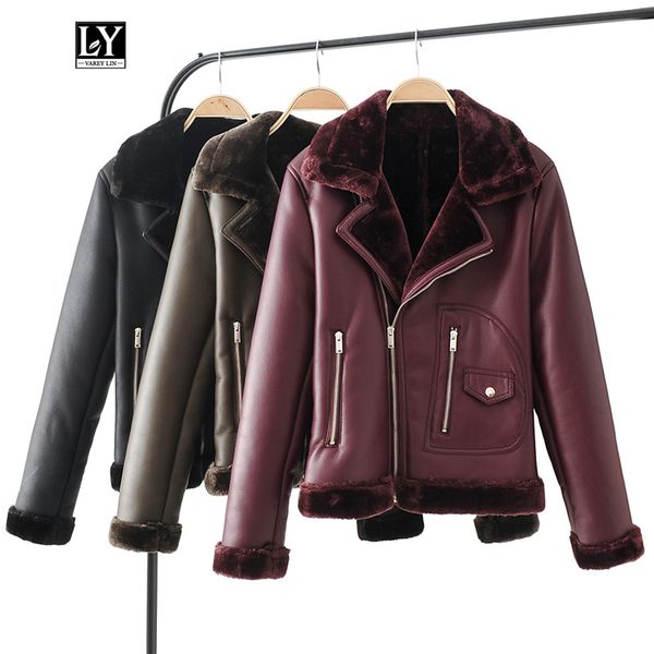

ly varey lin winter faux lamb leather jacket women warm faux lambs wool fur collar leather overcoat army green zipper outwear, Black