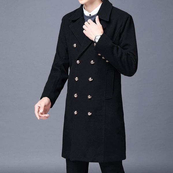 

2020 fashion autumn winter classic men trench slim wool coats double button woolen coats long outwear black, Tan;black