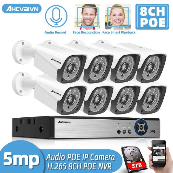

h.265+ 8ch 5mp poe audio security system nvr kit poe ip camera ir outdoor ip66 face detection cctv video surveillance nvr set