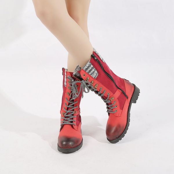 

lace up round toe women's boots autumn rock shoes woman flat heel low heels booties winter footwear boots-women large size, Black