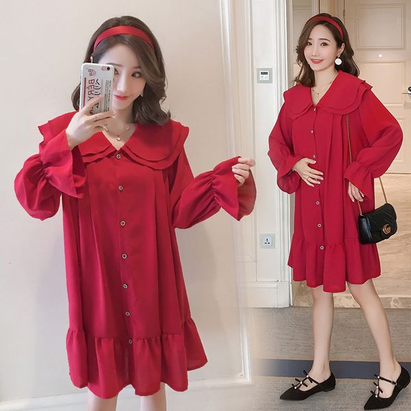 

7012# maternity clothes spring autumn long sleeve easy matching loose stylish dress for pregnant women mom dress, White