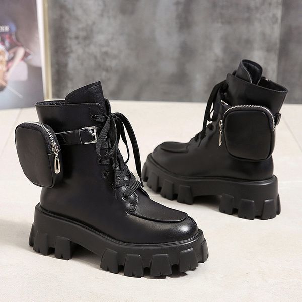 

2020 new product pocket motorcycle boots women platform shoes lace up thick-soled black shoes woman half botas mujer