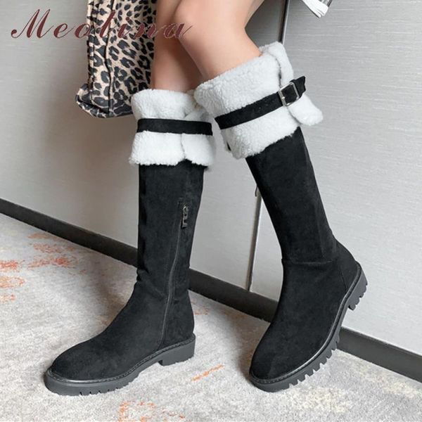 

meotina winter over the knee boots women boots wool buckle flat long zipper round toe shoes ladies autumn black size 34-39