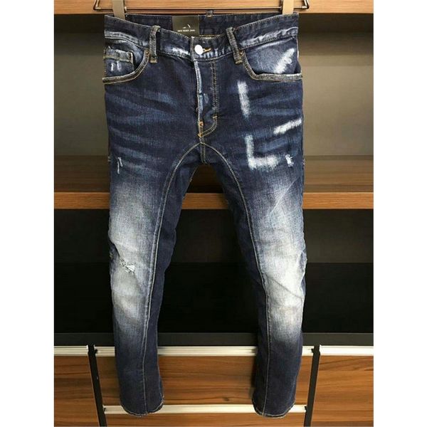 

patchwork brand motorcycle biker jeans men slim fit washed vintage ripped jeans for men elastic denim pants skinny, Blue