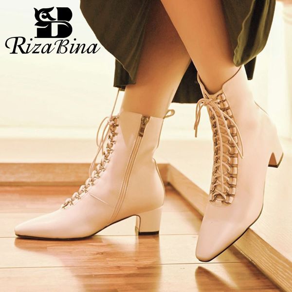 

rizabina 2021 women high heel boots real leather zipper women winter ankle boots fashion short footwear size 34-39, Black