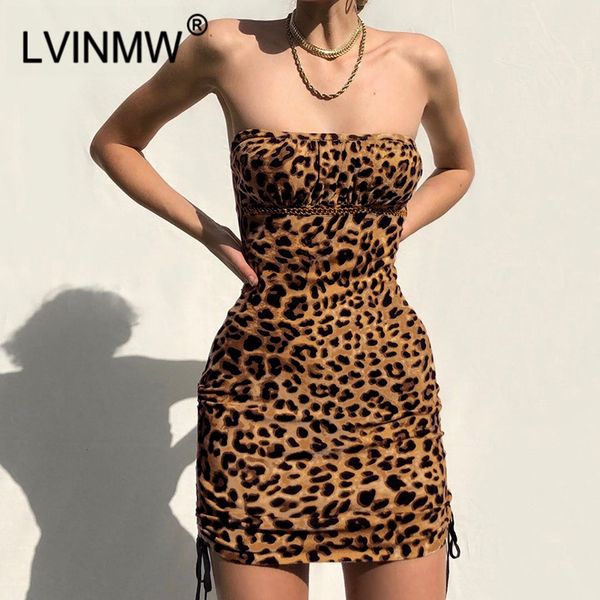 

casual dresses lvinmw leopard print slash neck side drawstring bodycon dress female off shoulder backless mini party club 2021, Black;gray