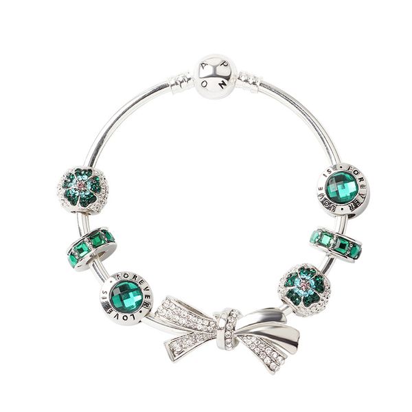 

925 silver women diamonds bow bracelets chain pandora bangle cuff fashion jewelry gift big hole bead bracelet valentine's day gift, Golden;silver