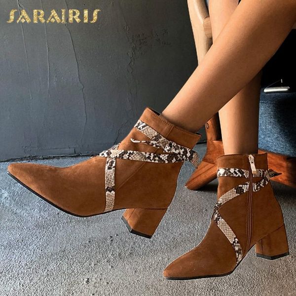 

sarairis 2020 new arrivals snake print trend boots women shoes chunky heels zip up comfy pointed toe ankle boots office ladies, Black