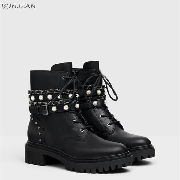 

женщины кожа pearl с цепью boots обувью для зимы женщина моды мотоцикл сапоги botas mujer коренастых каблуков женского голеностопного, Black