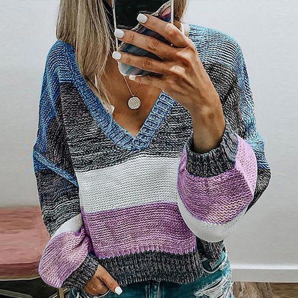 

knitted women's sweaters striped hit color pullover knit female jumper deep v-neck autumn casual ladies sweaters long sleeve, White;black