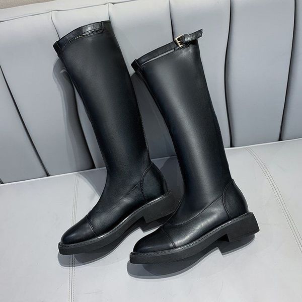 

middle tube autumn winter boots 2020 fashion women knee high boots riding motorcycle pu leather shoes zip round toe, Black