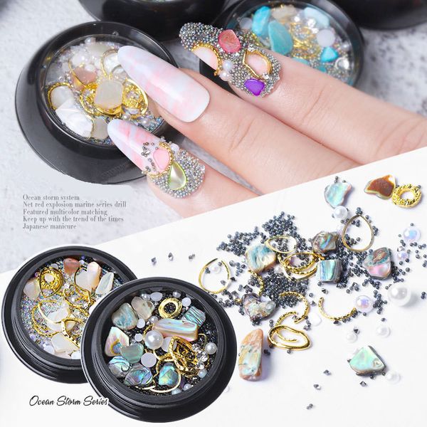 

1 box mixed colorful rhinestones metal nails 3d crystal stones pearl natural shell nail art decoration design manicure diamonds, Silver;gold