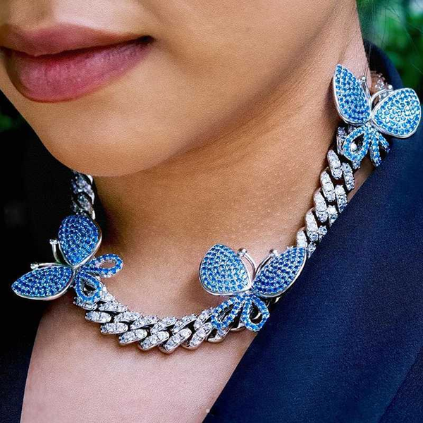 

chains 4 colors cz miami cuban link chain pink butterfly necklace women men iced out bling big heavy wide choker 15inch 16inch jewelry, Silver