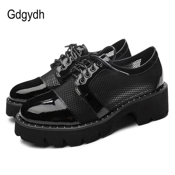 

gdgydh big size 43 breathable mesh summer platform shoes women pumps genuine leather lace-up school shoes girls chunky heel 2020, Black