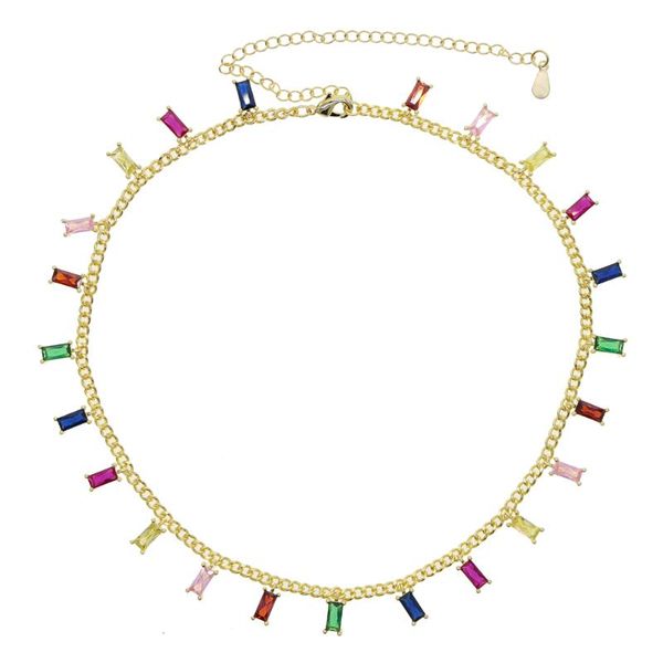 

chokers geometric baguette cubic zirconia cz station link chain rainbow colorful stone choker necklace for women iced out 35+10cm jewels, Golden;silver