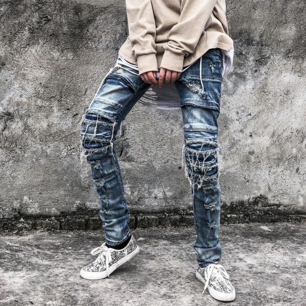 

severe worn ripped vintage wash blue jeans pleated skinny motorcycle biker jeans couple men hip-hop street denim trousers