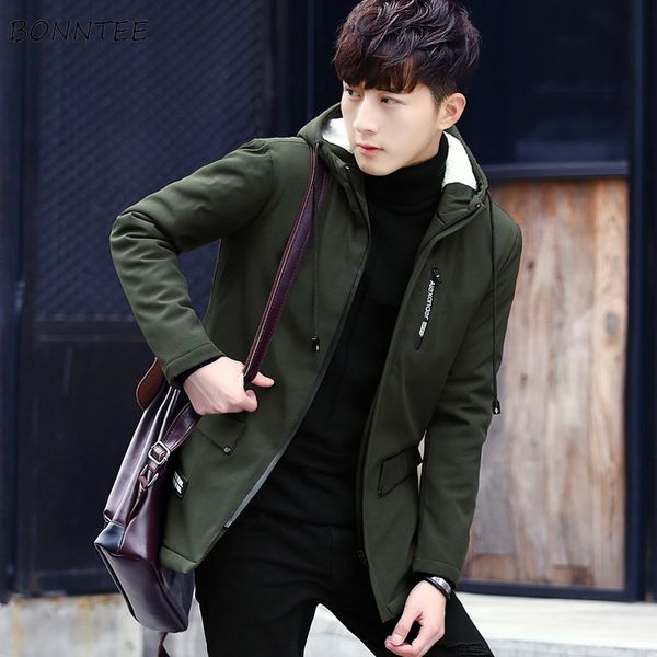 

parkas men large size zipper solid colour winter thicker plus velvet warm pockets parka mens leisure hooded harajuku korean coat, Black