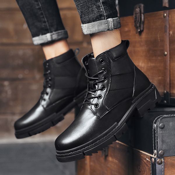 

men winter warm snow boots outdoor high with fur men ankle boots lace up fashion velvet casual men's shoes, Black