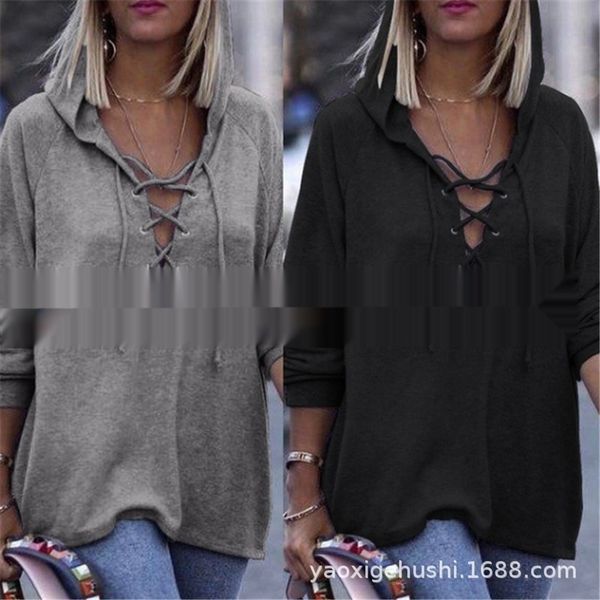 

2020 autumn and new solid color v-neck strap loose wear winter wearwinter women's t-shirt women's wear giocd, Black